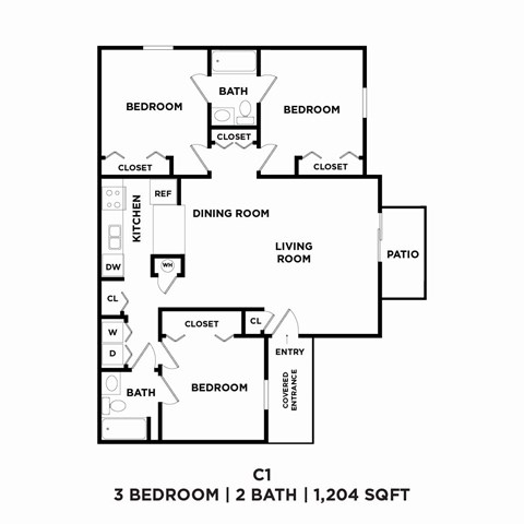 A floor plan of a 3 bedroom, 2 bathroom apartment.